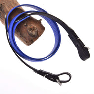 The Hobby Horse LarDen Rubberized reins blue, featuring metal clasps and buckles on both ends, are looped around wood and set against a white background.