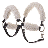 The Hobby Horse LarDen Black halter with complete fur - leatherette features silver hardware and white fleece on the noseband and crownpiece, offering stylish comfort for your horse or hobby horse.