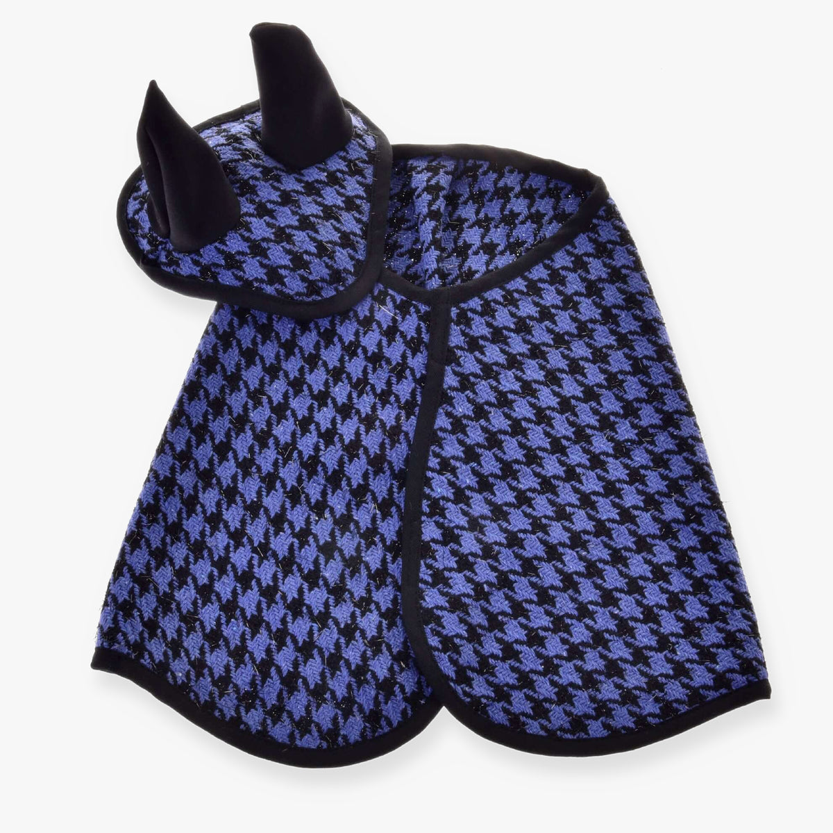 The Hobby Horse LarDen Set festive checkered blue features a pet ear bonnet with a blue and black houndstooth pattern, black trim, and upright black ears, shown laid flat on a white background.