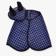 The Hobby Horse LarDen Set festive checkered blue features a pet ear bonnet with a blue and black houndstooth pattern, black trim, and upright black ears, shown laid flat on a white background.