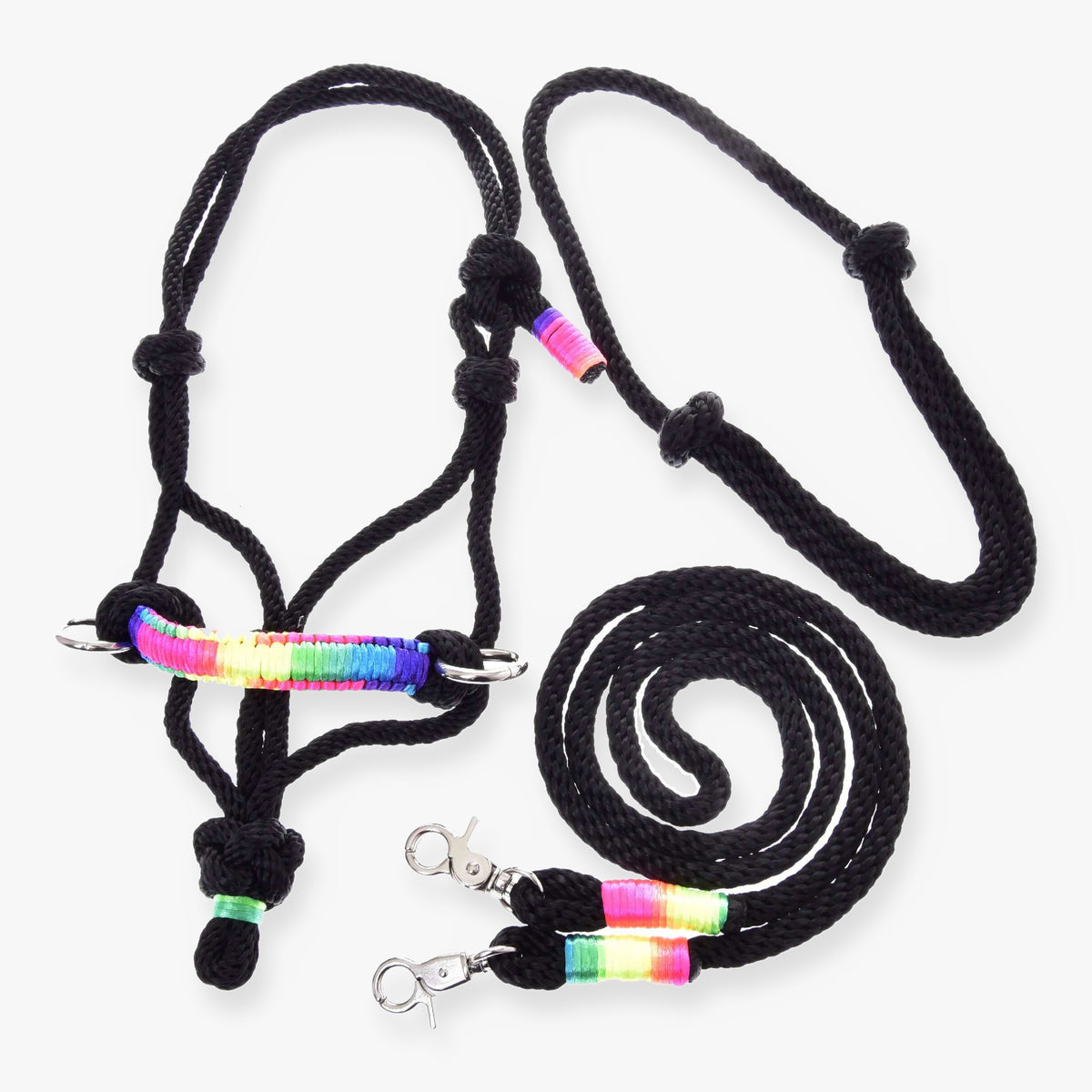 Hobby Horse Rope set Rainbow by LarDen with black rope halter, lead and multicolour wraps