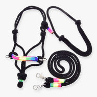 Hobby Horse Rope set Rainbow by LarDen with black rope halter, lead and multicolour wraps