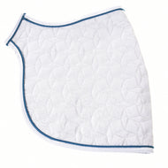White quilted Hobby Horse blanket side view with blue piping and geometric stitching