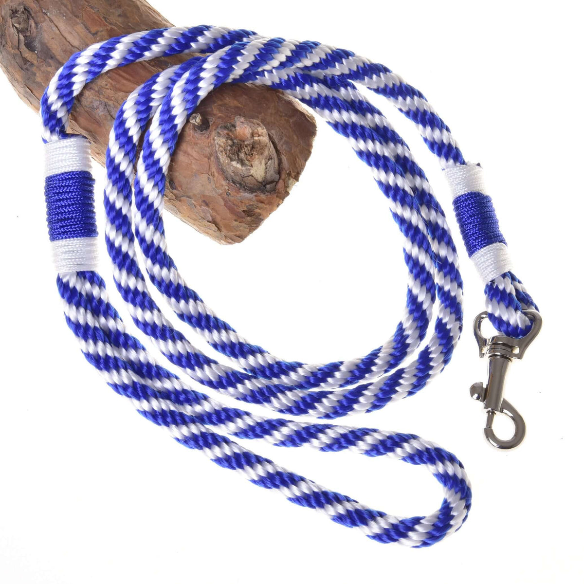 Hobby Horse Lead rope stripe blue by LarDen in blue and white twisted rope with blue whipping and a snap hook, on a branch