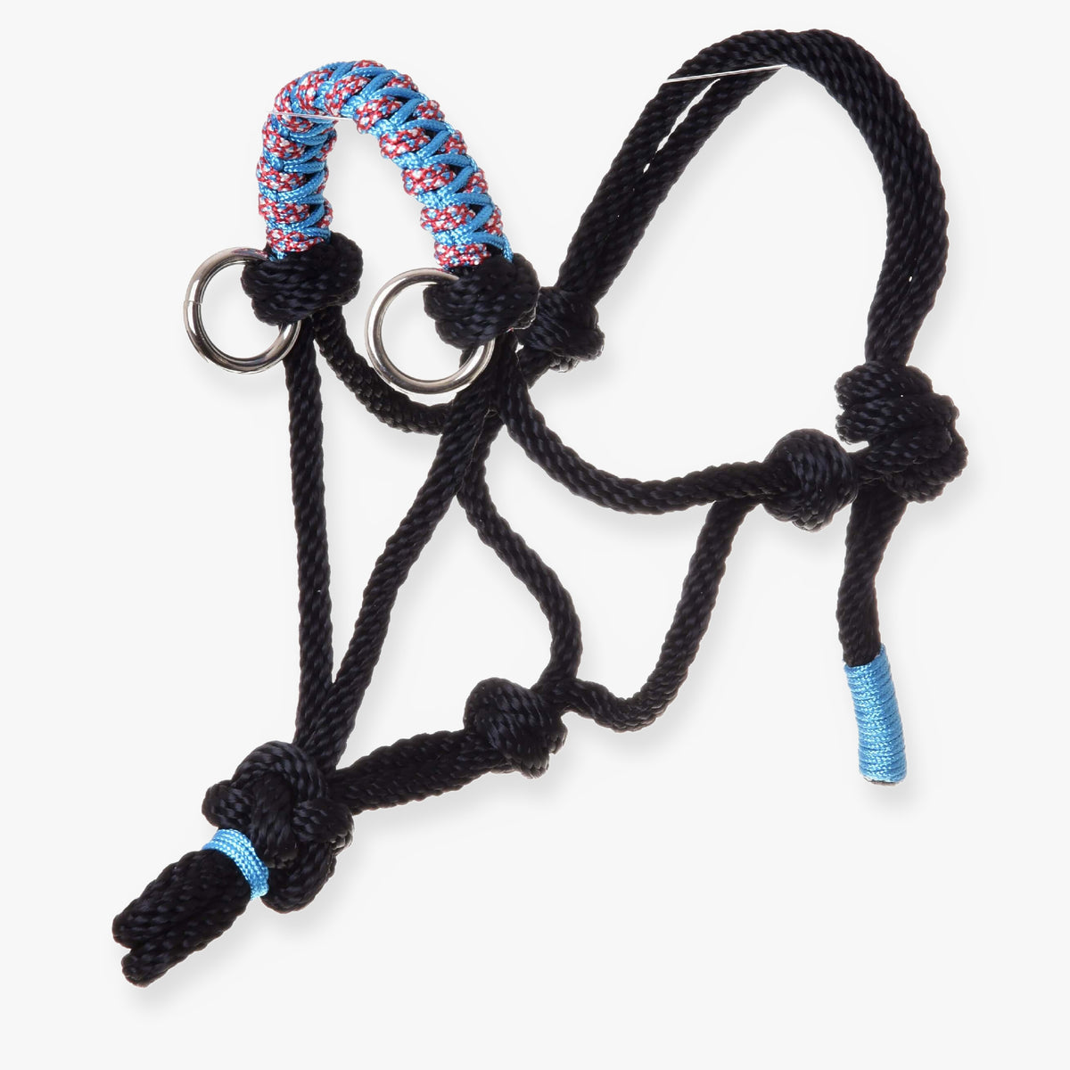 The Rope halter Summer by Hobby Horse LarDen is a black horse accessory with blue and red weaving on the noseband, blue details on the chin and tie ends, and features metal rings for attachment.