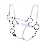 The Hobby Horse LarDen Halter white is a nylon hobby horse halter with metal rings and buckles, ideal for securing or leading your hobby horse. Shown on a white background, it's a functional and stylish accessory.