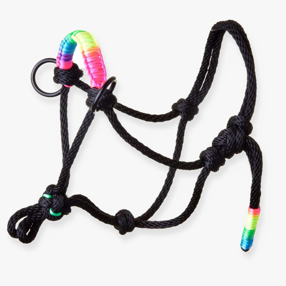 The Hobby Horse LarDen Rope halter Rainbow features a black rope with rainbow accents on the noseband and cheeks, adjustable knots, and metal rings—ideal for real horses and hobby horse fans alike.