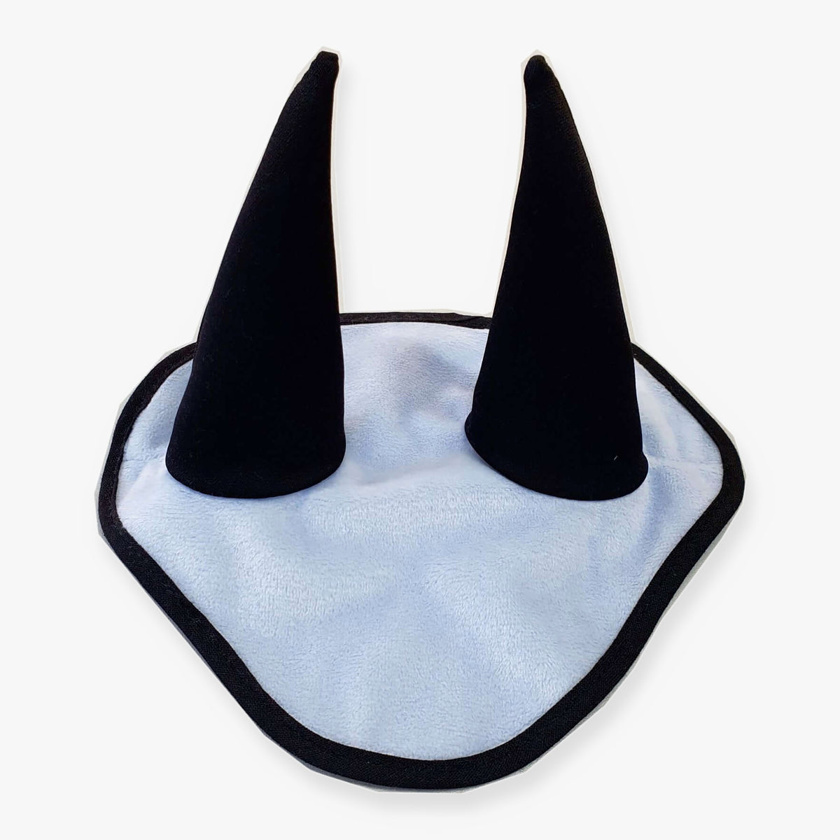 The Ear Bonnet Aqua by Hobby Horse LarDen is a white fabric bib featuring two tall black cone-shaped horns and black trim, offering style and fly protection for horses, shown against a white background.